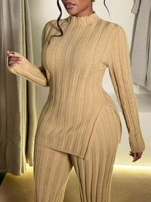 Maweii Plus Size Women Solid Stand Collar Long Sleeve Fitted Sweater With Side Slit Hem And Knitted Pants Elegant Set, Autumn/Winter