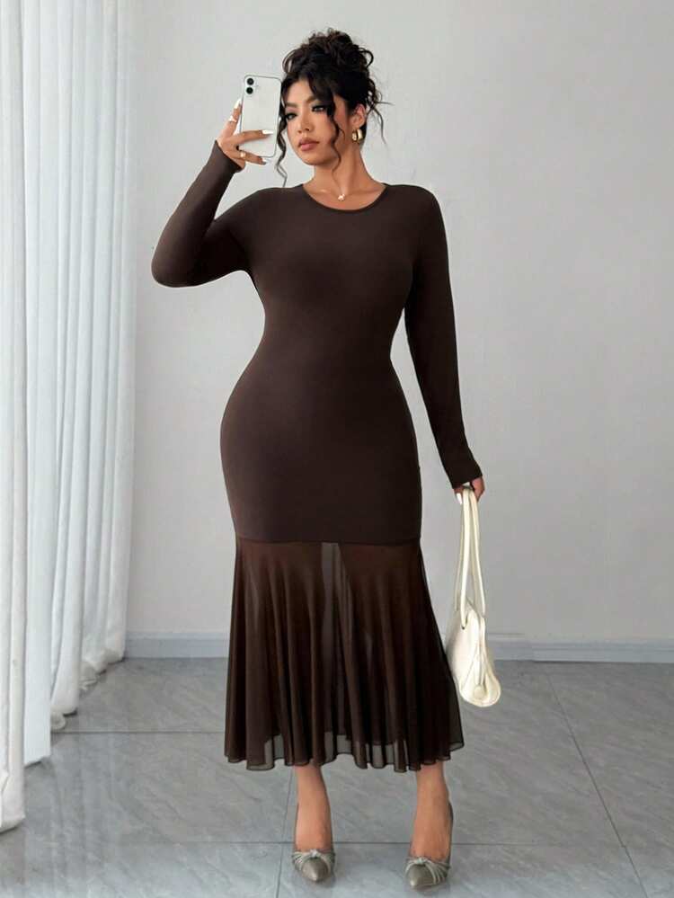 Dazy Plus Plus Size Women Elegant Party Dress, Casual Stretchy Fitted Mesh Patchwork Long Sleeve, Spring/Autumn