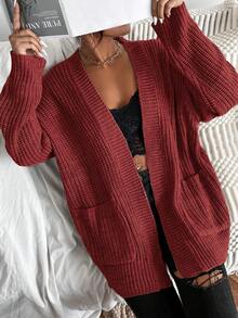 SHEIN LUNE 女式纯色落肩长袖口袋设计休闲针织开衫，秋冬 - 紅色 - 查看 1