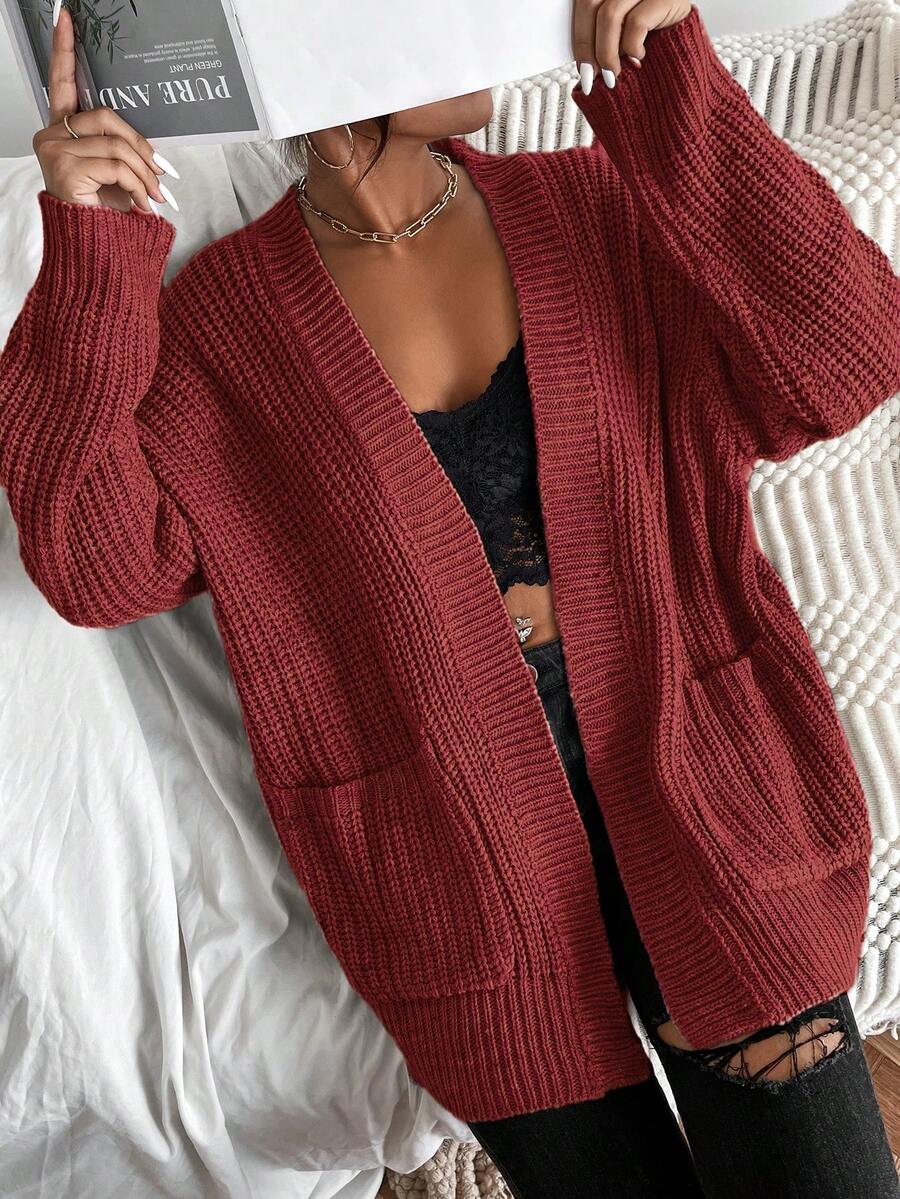 SHEIN LUNE 女式纯色落肩长袖口袋设计休闲针织开衫，秋冬 - 紅色 - 查看 1
