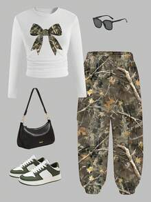 Sparklyn 2pcs Set: Camouflage Pants And Butterfly Print Long Sleeve Top, Fashion Digital Printing, Girls Streetwear Outfit, Suitable For Autumn/Winter - Multicolor - View 3