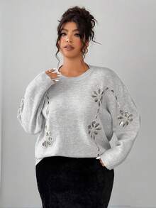 Dazy Plus Maglione oversize a girocollo con maniche lunghe, decorato con fiori e perline, casual per taglie forti, con paillettes, adatto per autunno/inverno