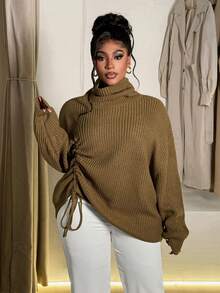 Maweii Plus Size Women High Neck Casual Drawstring Design Pullover Sweater - Coffee Brown - View 1