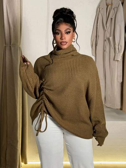 Maweii Plus Size Women High Neck Casual Drawstring Design Pullover Sweater