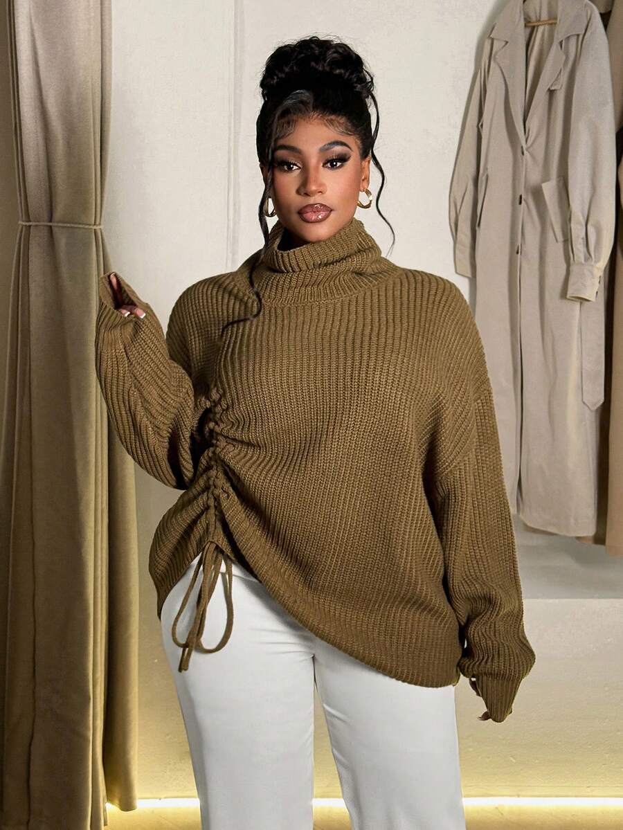 Maweii Plus Size Women High Neck Casual Drawstring Design Pullover Sweater - Coffee Brown - View 1