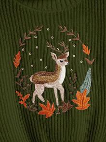 ROMWE Fairycore Suéter de cuello alto con bordado de ciervos, de hombros caídos y manga larga, informal, para otoño/invierno