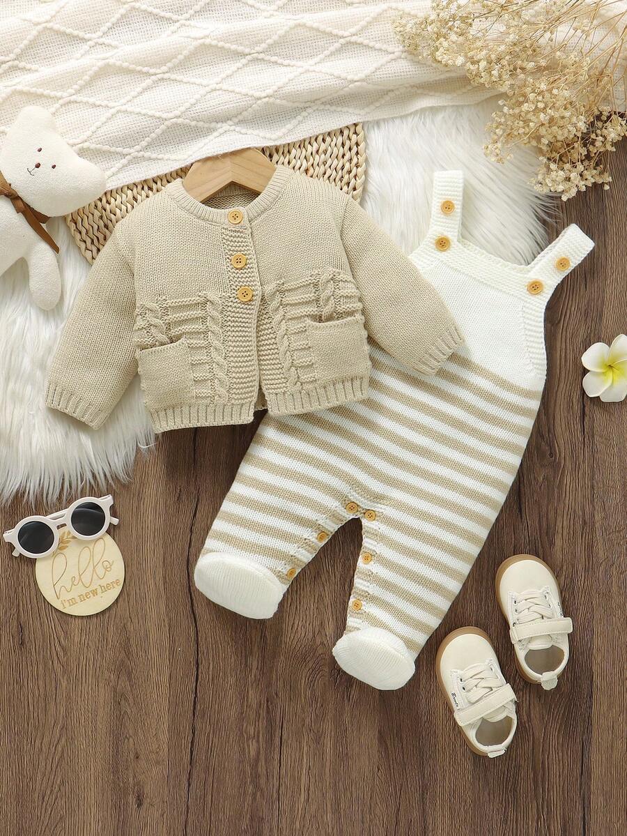 SHEIN 2pcs Newborn Baby Green Sweater Set: Round Neck Long Sleeve Cardigan With Pockets + Striped Suspender Romper Autumn Fall - Khaki - View 1