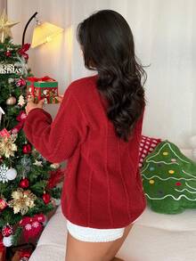 Rafferiza Women's Christmas Sweater,Red And Black,Autumn,Cute,Everyday Textured Red New Year Front Bow Decor Round Neck Long Lantern Sleeve Fashionable Pullover - Burgundy - View 2