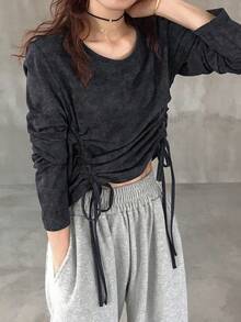 FRIFUL 女士休闲扎染抽绳长袖 T 恤，春秋季 - 黑色 - 查看 3