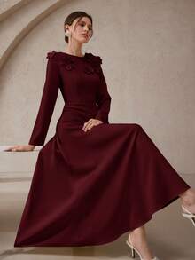 Modelyn Rochie lungă elegantă pentru femei, în culoare solidă, cu decor floral 3D, potrivită pentru primăvară și toamnă - Burgundia - Vizualizare 7