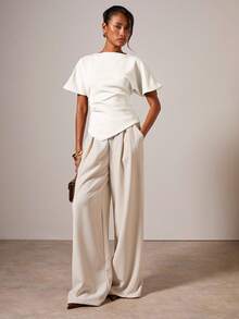 COSMINA Women's Elegant Ruched Round Neck T-Shirt, Suitable For All Seasons - White - View 7