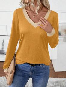 EMERY ROSE Women's Autumn Long Sleeve Colorblock V-Neck T-Shirt Graphic Tees Women Tops For Spring - Multicolor - View 3
