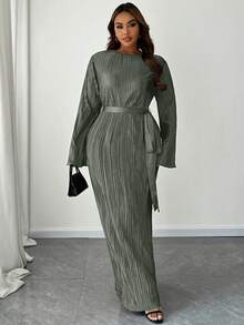 Maweii 加大码纯色圆领长袖系腰简约休闲连衣裙长款女装 - 深灰色 - 查看 1