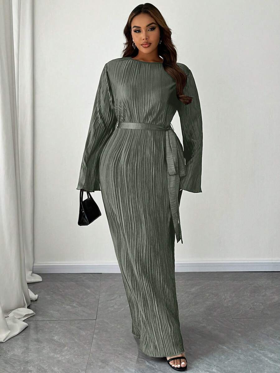 Maweii 加大码纯色圆领长袖系腰简约休闲连衣裙长款女装 - 深灰色 - 查看 1