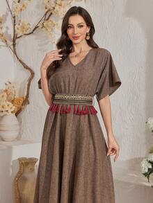 Modelyn Robe longue conservatrice et élégante pour femmes avec décoration à franges