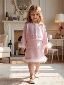 Genkimix Kids 2pcs/Set Young Girl' Elegant Sleeveless Dress & Long Sleeve Jacket, Fashion Versatile Princess Outfit, Autumn/Winter Girls Sweater Sets Girls Knit Set Autumn And Winter Dress Pink 2 Piece Dress Young Girls Dress Mommy And Me Matching Big Sister - Pink - View 8