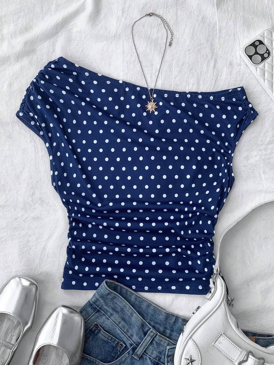 Teen Girls Navy Blue Knit Casual Minimalist Polka Dot Print Asymmetric Ruched Crop Top, Suitable For Spring/Summer, Casual, Personalized Styling, Daily Wear - Navy Blue - View 1