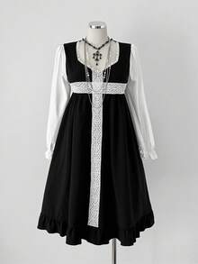 Sunspun 长袖拼色蕾丝腰部收腰连衣裙，秋冬 - 黑與白 - 查看 1