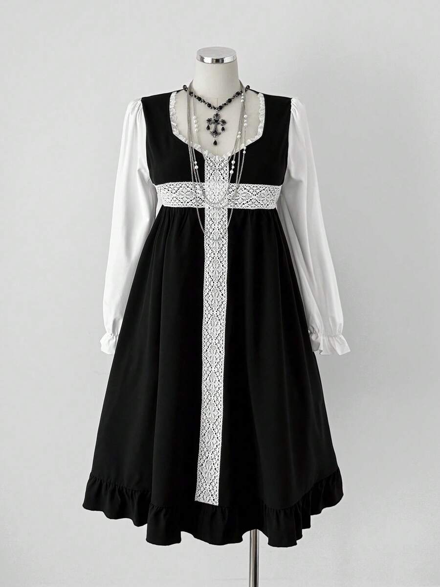 Sunspun 长袖拼色蕾丝腰部收腰连衣裙，秋冬 - 黑與白 - 查看 1