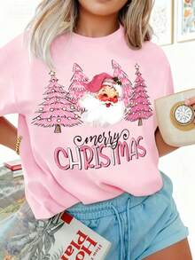 EMERY ROSE Plus Size Christmas T-Shirt, Plus Size Streetwear Graphic Tee, Casual Comfy Top, Vacation Vibe - Pink - View 4