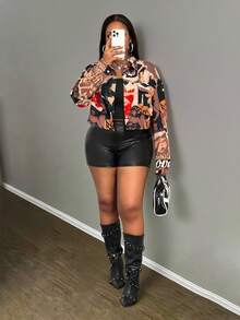 Slaydiva Autumn/Winter New Arrival Women's Shirt - Spring/Summer Music Festival, Easter Western Style, Birthday Party, Graduation, College Style, Student, Daily Casual, Basic Versatile, Leisure, Cruise Travel, Beach, Sunbathing, Viral , Streetwear, Wedding Guest Boho, Commuter, Brunch, Airport, Utility Pocket Long Sleeve Graphic Portrait Patchwork Design Cropped Plus Size Blouse Plus Size Shorts Sets Women Shorts Sets Women Two Pieces Sets Shorts Biker Shorts Sets For Women Camouflage Y2k Plus Size - Multicolor - View 4