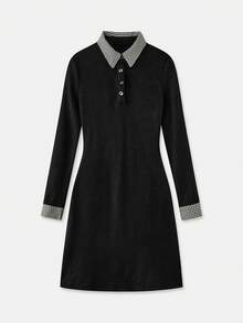 lacRébo Vintage Black Rib Knit Mini Dress With Contrast Printed Collar And Cuff,Elegant Office,Autumn Spring Back-To-School Style - Black - View 8