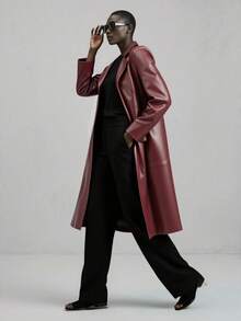 Ontre 2025 Modern Urban Style, Long Leather Women's Coat Jacket, Waist-Cinched Fitted Silhouette, Business Casual, Office Commute, Daily Wear, Autumn - Black - View 3