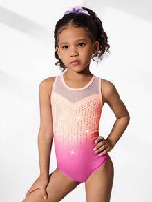 2pcs/Set Young Girls' Gymnastics Leotard And Shorts Set, Cute Printed & Rhinestone Decor, Suitable For Casual, Sports, Competition - Multicolor - View 3