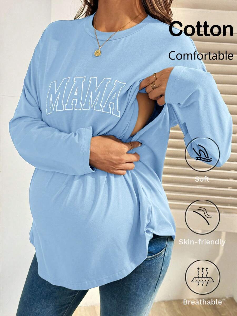 SHEIN 孕妇休闲字母刺绣哺乳上衣,秋季 - 淺藍色 - 查看 1