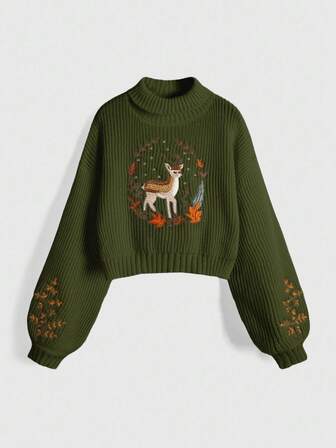 Fairycore Women's Casual Deer Embroidery Turtleneck Drop Shoulder Long Sleeve Sweater, Autumn/Winter