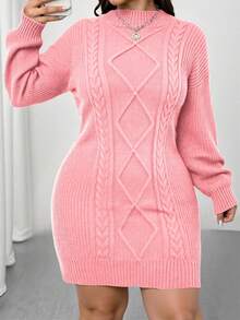 Elenzga Plus Size Solid Color Round Neck Drop Shoulder Long Sleeve Fitted Fashionable Knit Sweater Dress - Pink - View 5