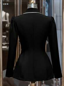 Franclia 通勤时尚百搭束腰双排扣金属纽扣撞色饰边卡其色女式西装外套，优雅春秋季外套，商务休闲装，漂亮女士西装外套 - 黑色 - 查看 2