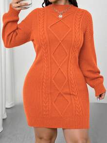 Elenzga Plus Size Solid Color Fitted Knit Dress, Casual For Autumn/Winter - Orange - View 5