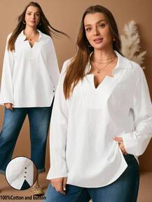 EMERY ROSE Plus Size Women's Winter Casual Commuter Plain Color Side Slit All White Casual Blouse Blouse Tops,Autumn/Winter,Winter For Women,Going Out,Fall For Women,Fall,2025 New,Casual Everyday Wear,Fall For Women,Winter Women,Comfortable And Breathable, V Neck Blouse, White Blouse Button Decoration,White Blouse,Soft And Comfortable,Breathable,Going Out,2025 New - White - View 1