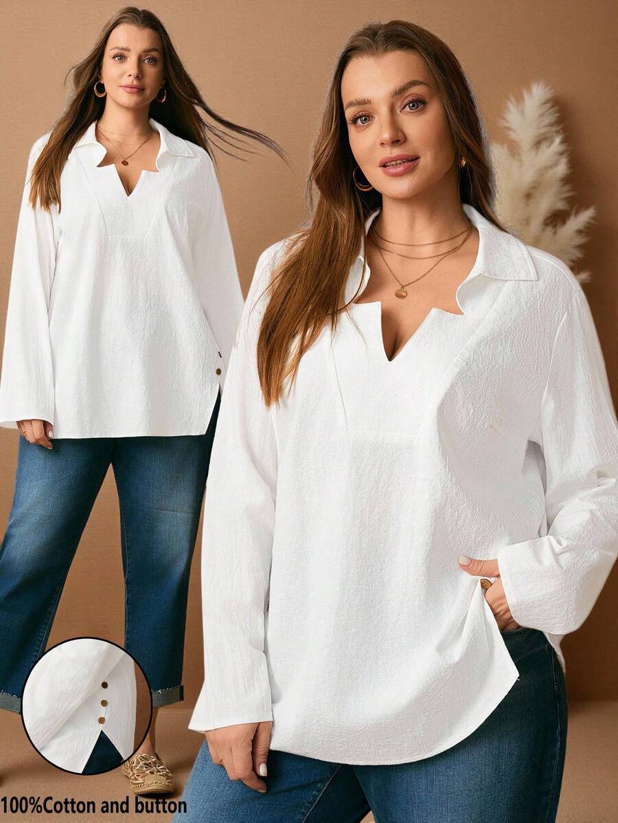 EMERY ROSE Plus Size Women's Winter Casual Commuter Plain Color Side Slit All White Casual Blouse Blouse Tops,Autumn/Winter,Winter For Women,Going Out,Fall For Women,Fall,2025 New,Casual Everyday Wear,Fall For Women,Winter Women,Comfortable And Breathable, V Neck Blouse, White Blouse Button Decoration,White Blouse,Soft And Comfortable,Breathable,Going Out,2025 New - White - View 1