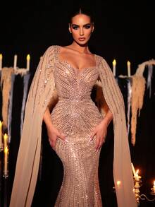 Glamrae Elegant Luxurious Beaded & Sequin Floral V-Neck Mermaid Sleeve Dress,Heavy Embellishment Gown For Weddings,Parties,Galas&Formal Occasions - Champagne - View 3