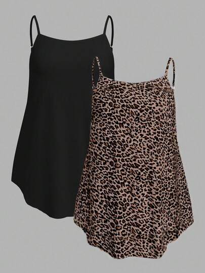 SHEIN EZwear 2pcs Plus Size Solid Color & Leopard Print Tank Top, Basic Style Suitable For Summer Travel & Vacation Suitable For Going Out Back To School,Holiday Outfits For Women