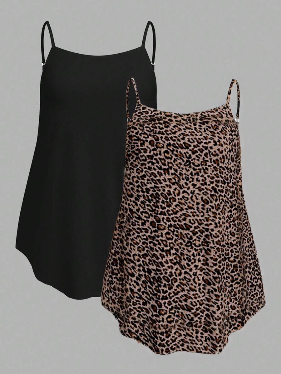 SHEIN EZwear 两件套加大码纯色和豹纹吊带背心,基础款,适合夏季旅行和度假,也适合外出、返校和假期穿着。 - 彩色 - 查看 1