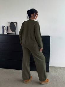 Vibekara Conjunto de pantalones de pierna ancha y manga larga de punto suave y favorecedor, versátil y casual - Verde militar - Ver 2