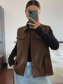 DAZY 女士秋冬百搭修身无袖仿皮背心、休闲皮夹克 - 咖啡棕 - 查看 1