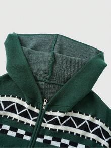 ROMWE MEN Street Life كنزة صوفية كاردجان كاجوال طويلة الأكمام بقبعة ذات لون متباين وطراز عتيق - أخضر - مشاهدة 3