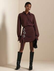 SHEIN Veneréa 2pcs Women Set: Simple Turn-Down Collar Long Sleeve Shirt With Side Rhinestone Button Pleated Ruffle Hem Short Skirt  Brown Outfit Women - Maroon - View 6