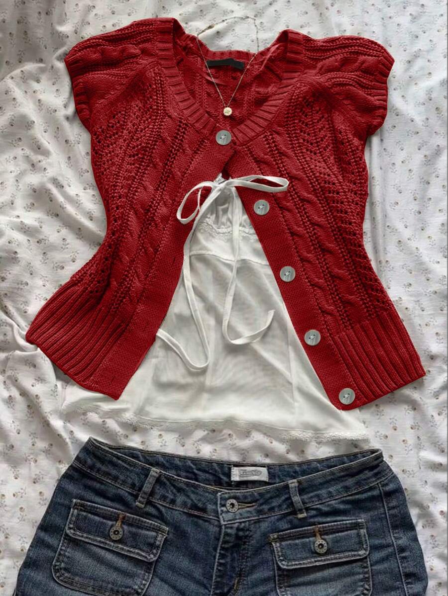 Chiquease New Vintage Hollow Out Design Women Solid Color Round Neck Short Sleeve Top With Front Buttons - Red - View 1