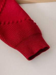 Souflis Souflis 小女孩粉色蝴蝶结针织毛衣裙，可爱荷叶边圆领长袖针织连衣裙 - 酒紅色 - 查看 4