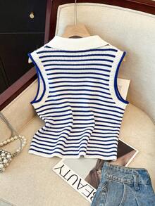 Franclia 女士休闲通勤条纹领针织背心 - 藍白色 - 查看 2