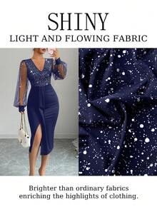 EMERY ROSE 女式亮片闪亮V领网眼拼接闪光派对连衣裙 - 藏蓝色 - 查看 5