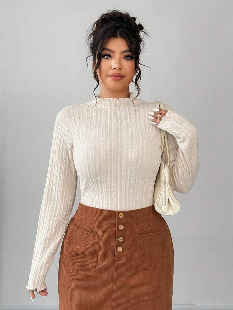 Dazy Plus Elastic Fitted Fashionable Solid Color Mock Neck Long Sleeve Cropped T-Shirt, Plus Size