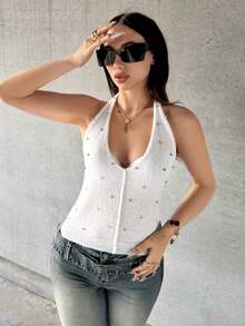 Flirla Top de punto con decoración de strass y cuello halter para mujer - Blanco - Ver 4