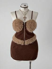 Sunspun Conjunto de 2 piezas de top bandeau y minifalda de parchwork de felpa talla grande para mujer - Marrón - Ver 4