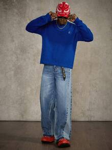 PAVTROS Quần Jeans Denim Chắp Vá Màu Dáng Rộng Cho Nam - Rửa trung bình - Xem 4